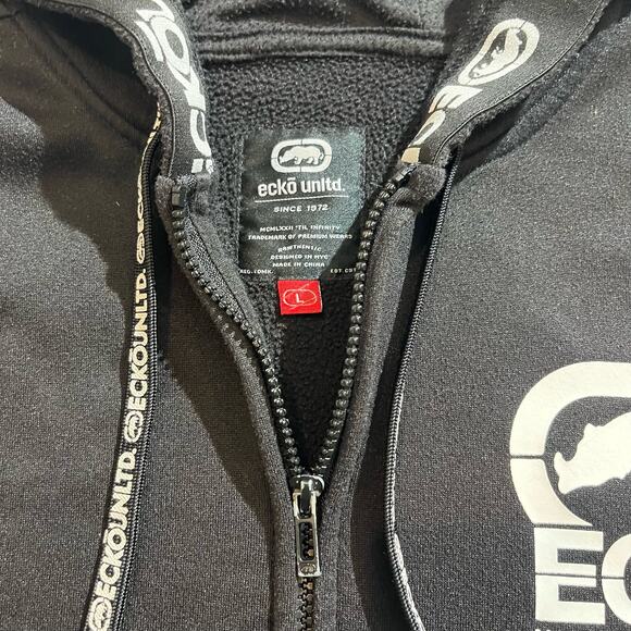 VTG Y2k Ecko UNTLD. Black Graphic Zipup Hoodie Skater Grunge Style SZ L - Picture 2 of 5